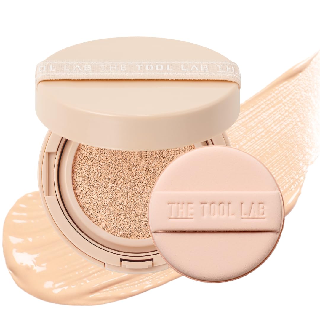 THE TOOL LAB Stamp Skinfit Cushion Foundation, Long Lasting Full Coverage Glass Glow Finish, Korean Foundation Makeup for All Skin Types (No.19 porceline, Glow Type)