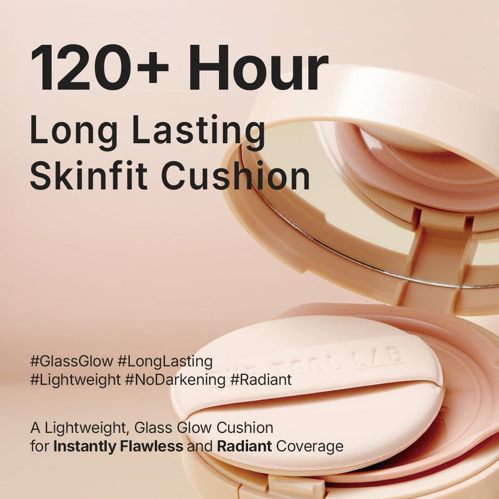 THE TOOL LAB Stamp Skinfit Cushion Foundation, Long Lasting Full Coverage Glass Glow Finish, Korean Foundation Makeup for All Skin Types (No.19 porceline, Glow Type)