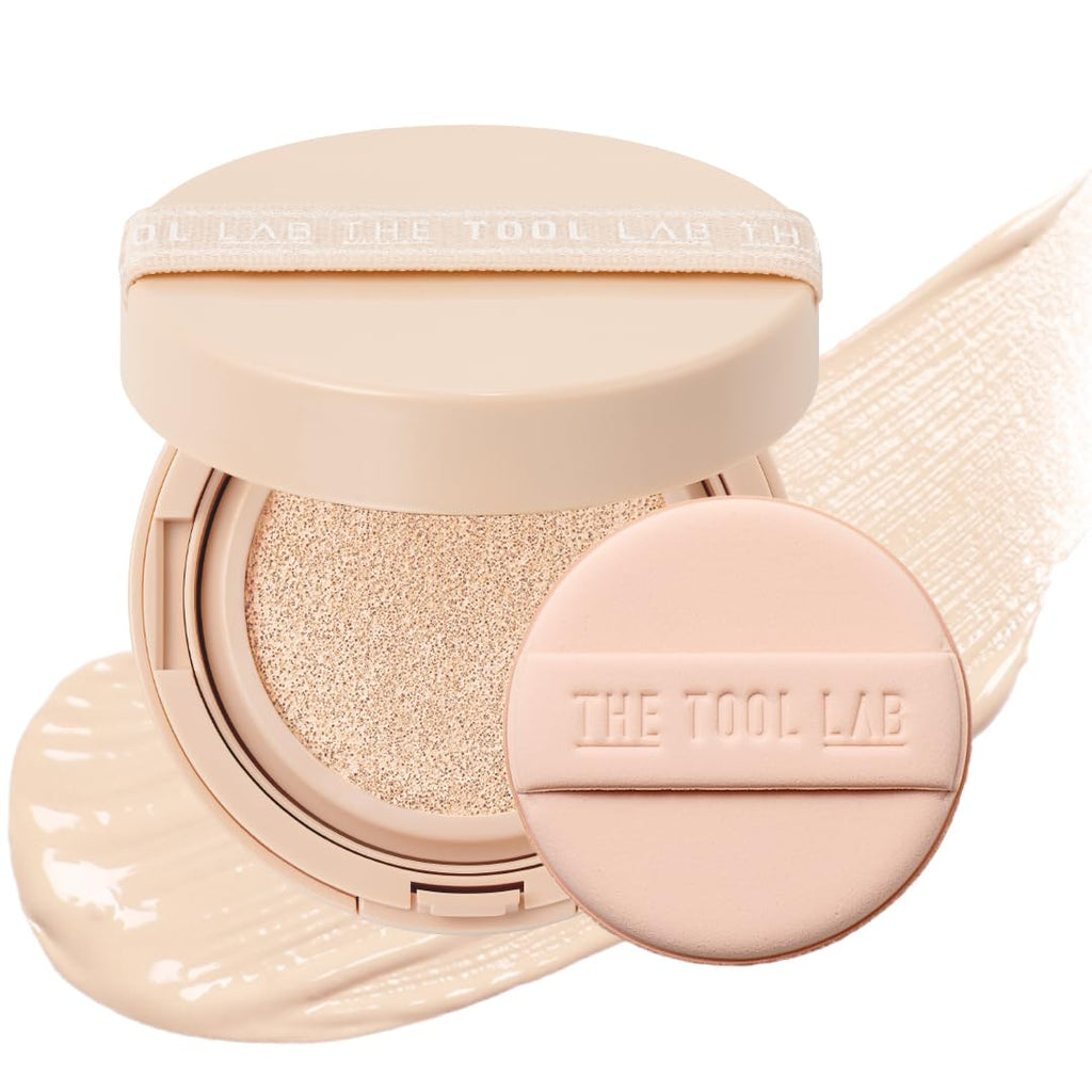 THE TOOL LAB Stamp Skinfit Cushion Foundation, Long Lasting Full Coverage Glass Glow Finish, Korean Foundation Makeup for All Skin Types (No.19 porceline, Glow Type)