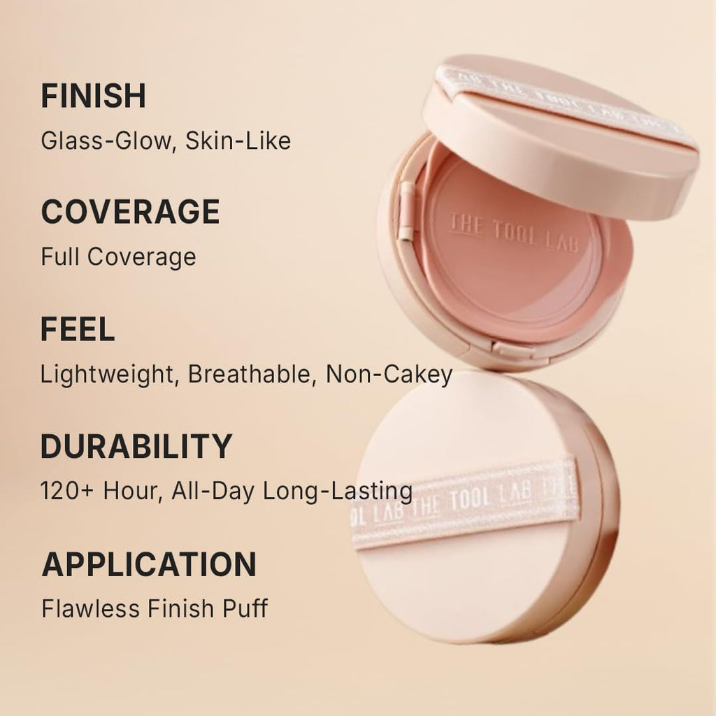 THE TOOL LAB Stamp Skinfit Cushion Foundation, Long Lasting Full Coverage Glass Glow Finish, Korean Foundation Makeup for All Skin Types (No.19 porceline, Glow Type)