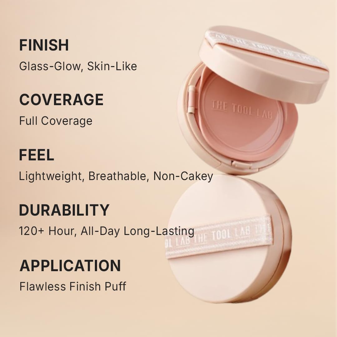 THE TOOL LAB Stamp Skinfit Cushion Foundation, Long Lasting Full Coverage Glass Glow Finish, Korean Foundation Makeup for All Skin Types (No.19 porceline, Glow Type)