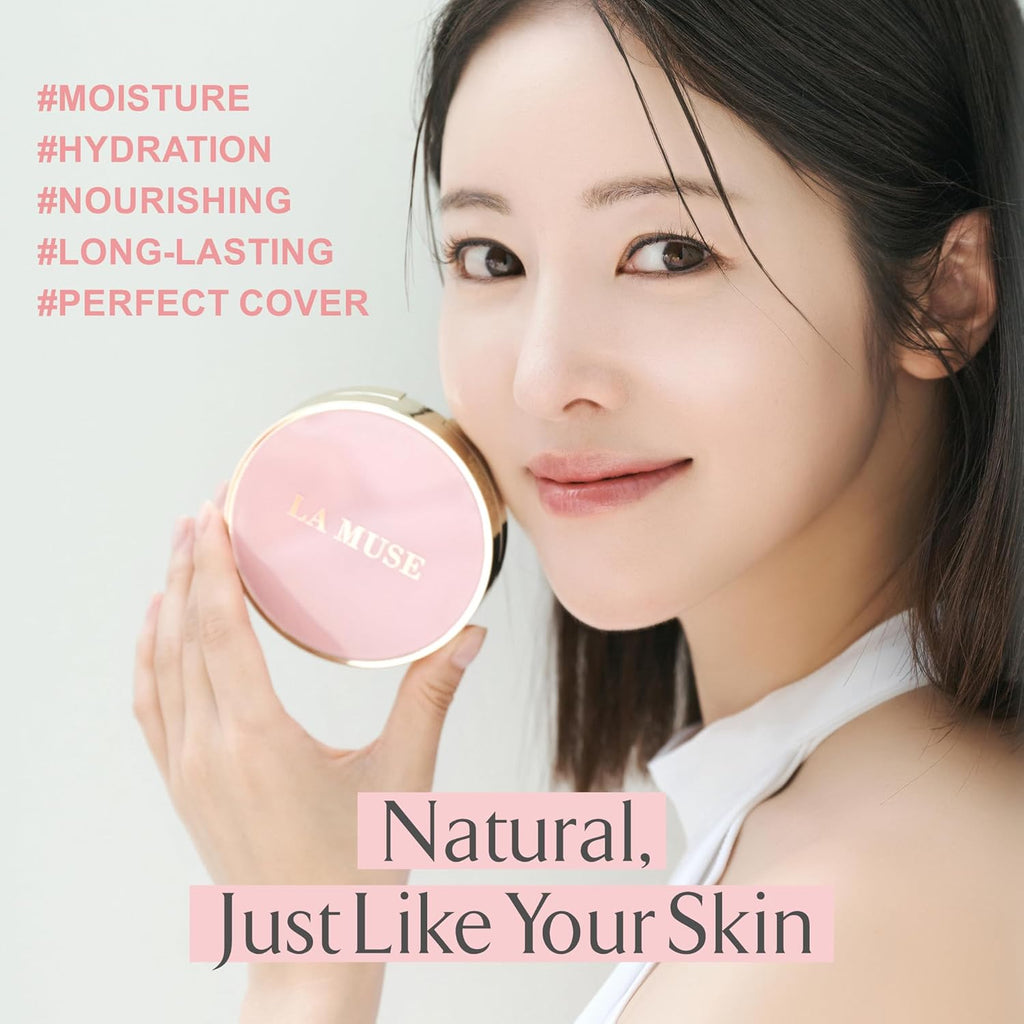 LA MUSE Correct Care Cushion(2 Packs) | Daily Makeup for Effortless Natural Look | Korean CC Cushion Foundation with Radiant Dewy Finish (Universal Shade) | Feather-Like Light Texture