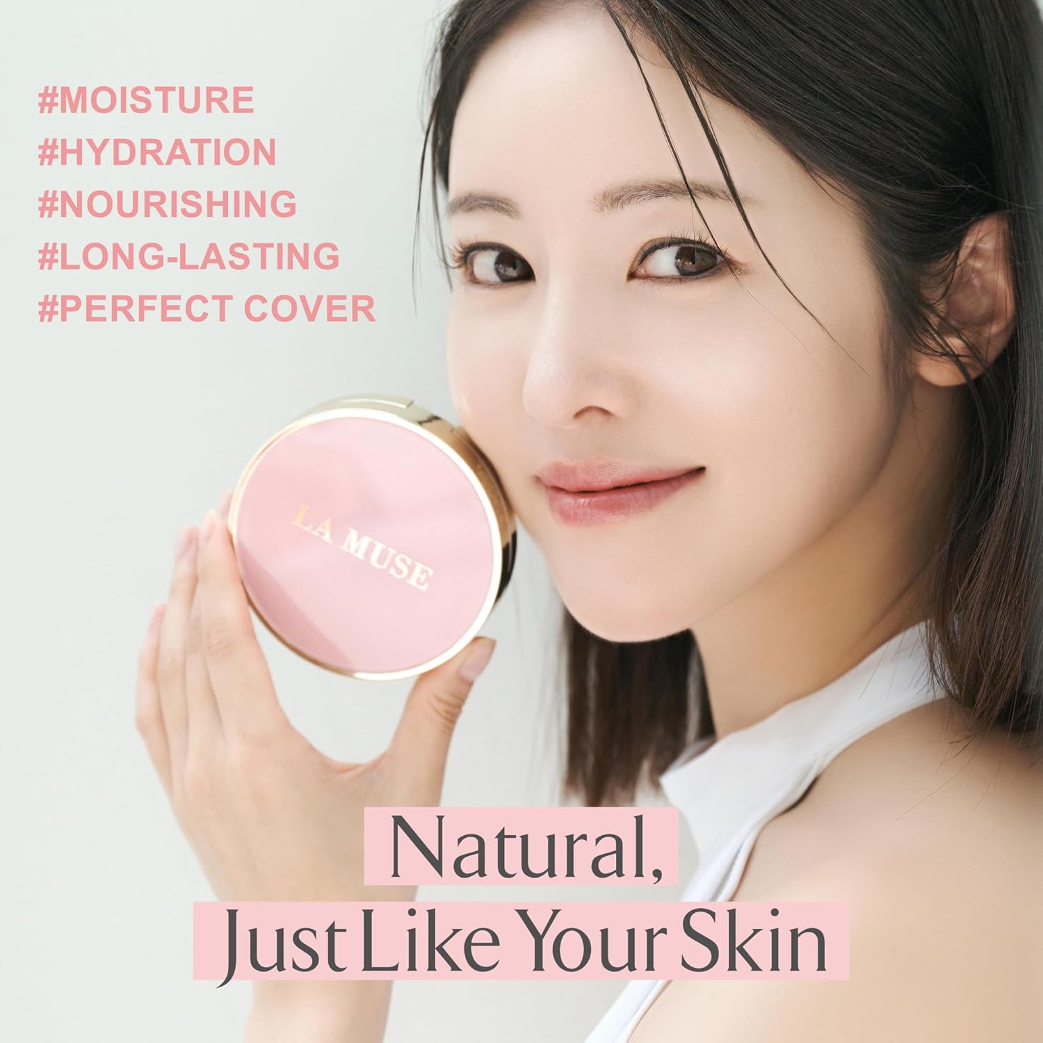 LA MUSE Correct Care Cushion(2 Packs) | Daily Makeup for Effortless Natural Look | Korean CC Cushion Foundation with Radiant Dewy Finish (Universal Shade) | Feather-Like Light Texture