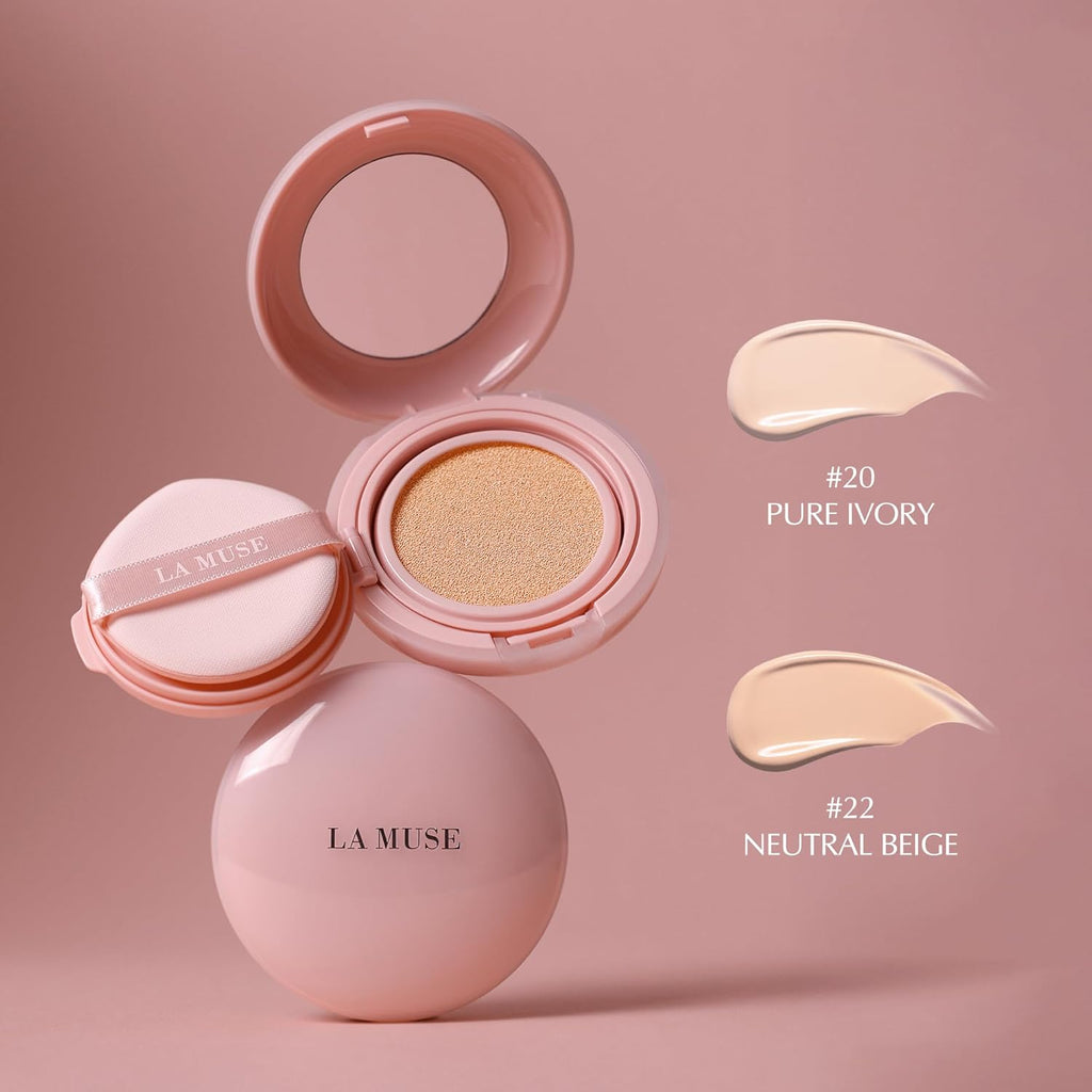 LA MUSE Korean Glow Cushion Foundation with PDRN | Shade No.20 Pure Ivory for Fair Skin | 65% Hyaluronic Acid Hydration | Natural Radiant, Lightweight Coverage | Light to Medium Buildable Finish