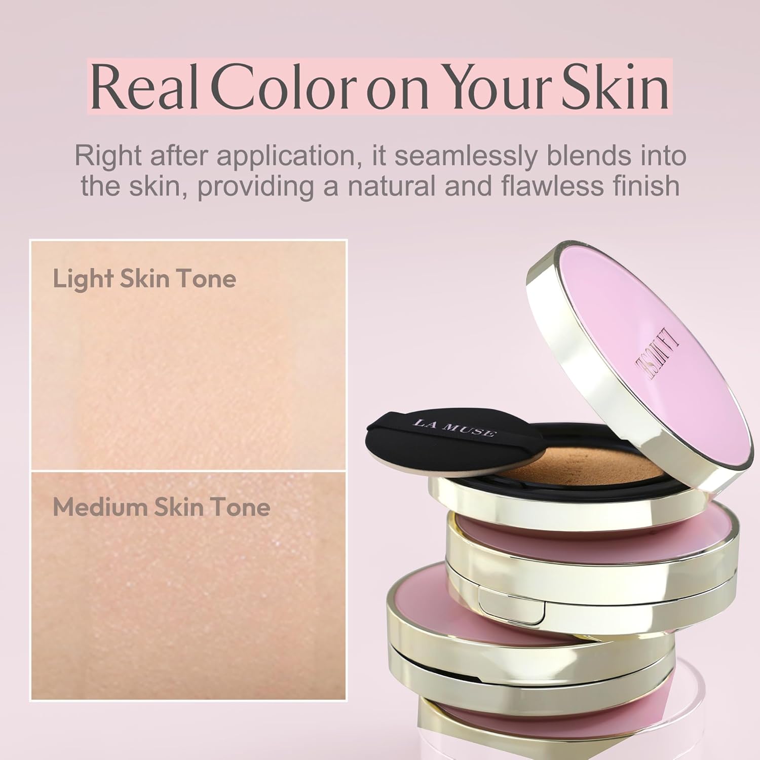 LA MUSE Correct Care Cushion(2 Packs) | Daily Makeup for Effortless Natural Look | Korean CC Cushion Foundation with Radiant Dewy Finish (Universal Shade) | Feather-Like Light Texture