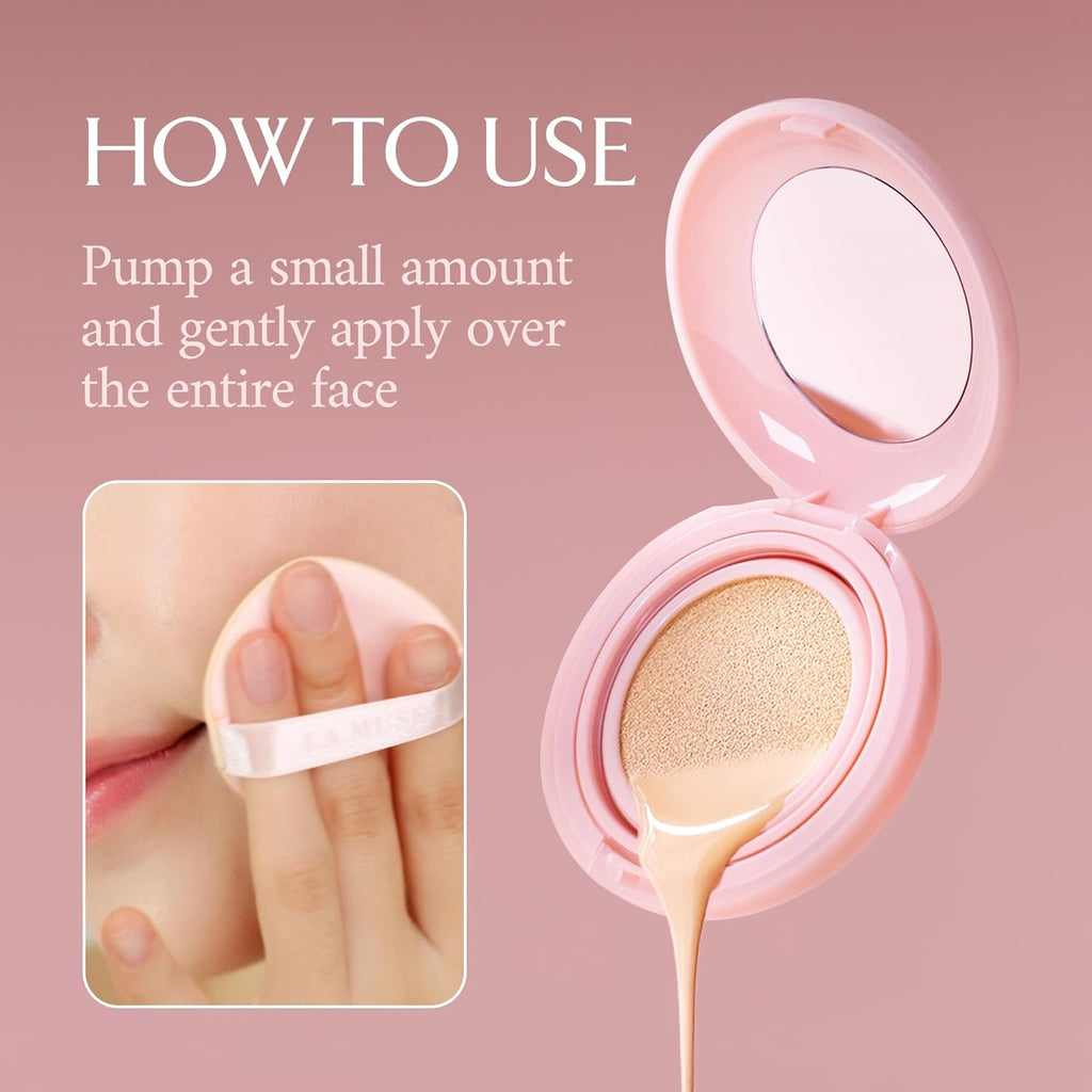 LA MUSE Korean Glow Cushion Foundation with PDRN | Shade No.20 Pure Ivory for Fair Skin | 65% Hyaluronic Acid Hydration | Natural Radiant, Lightweight Coverage | Light to Medium Buildable Finish